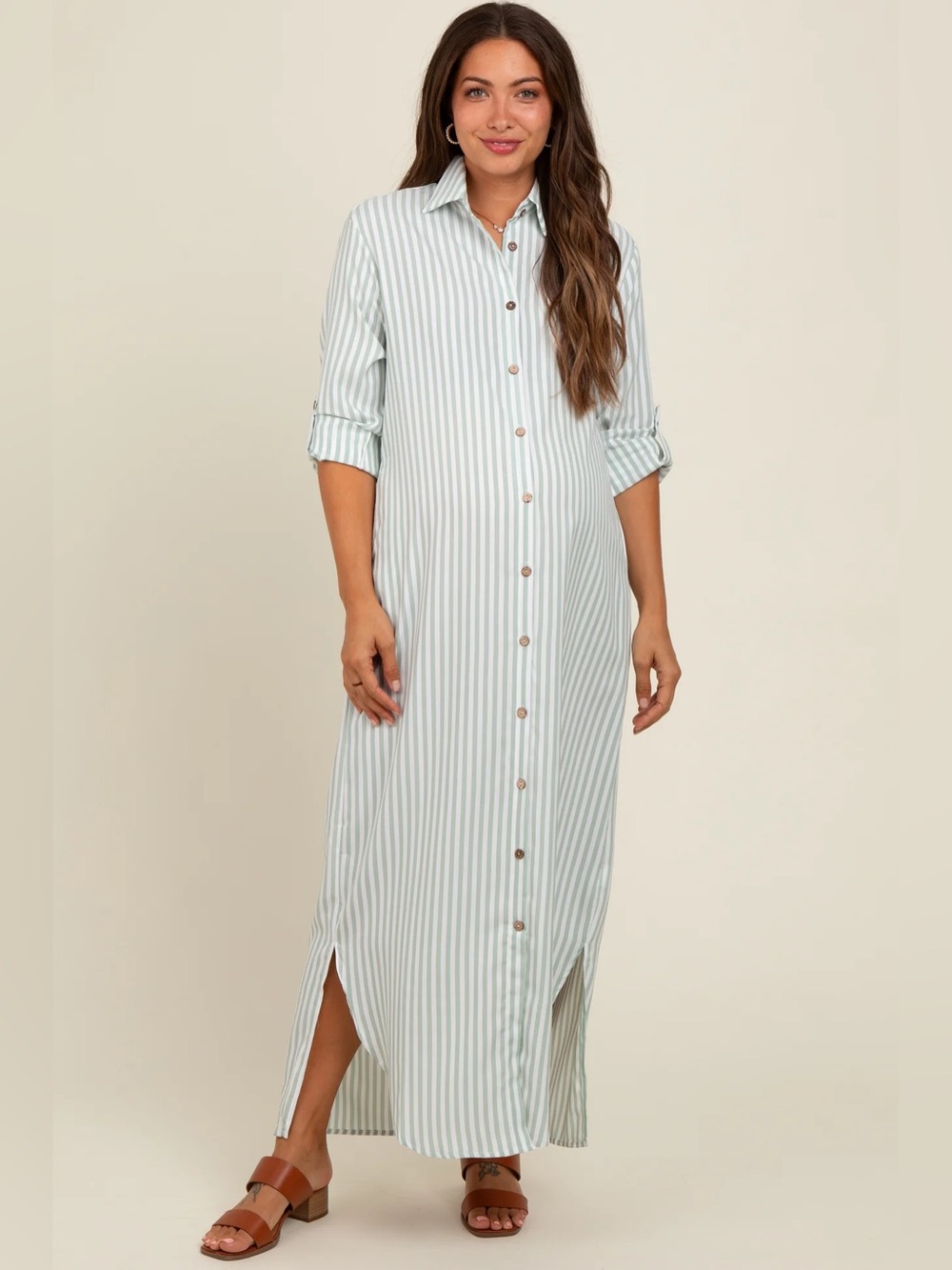 Pinkblush Mint and White Striped Button-Front Midi Dress